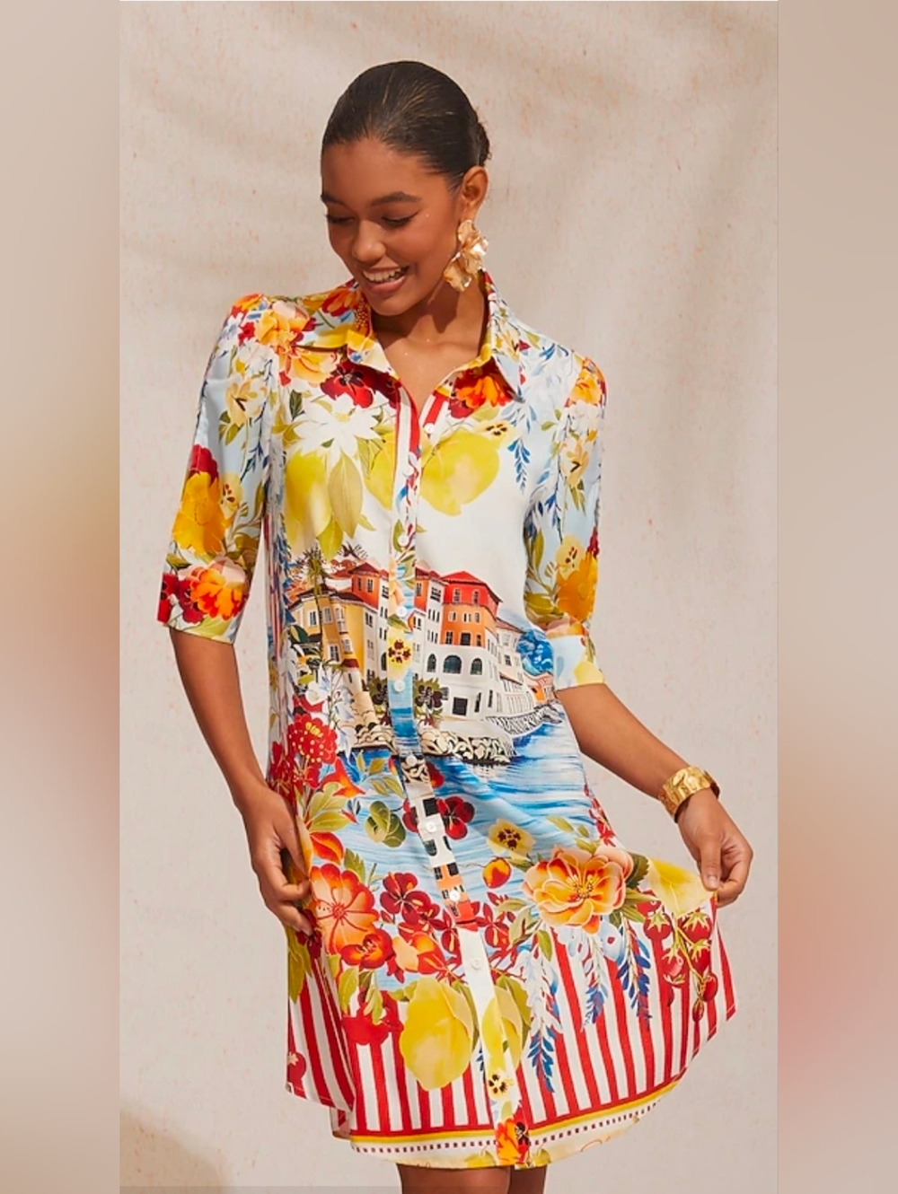 ADOR Vibrant Floral & Scenic Button-Up Blouse Dress Sz Xl